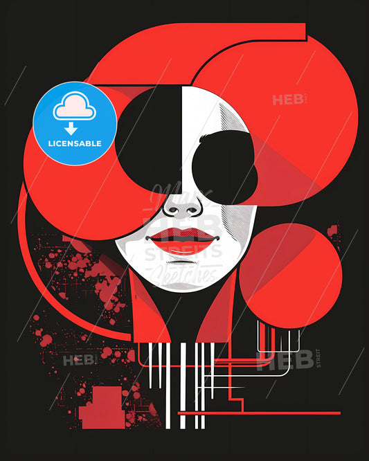 AI Workshop Poster: Modern Swiss-Style Art Depicting an Intriguing Woman's Face with Red Lips and Black Eye Patch
