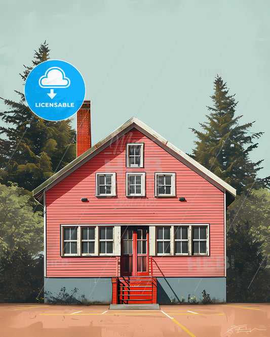 School Building Art: Colorful Painting of Back of Schoolhouse with Trees