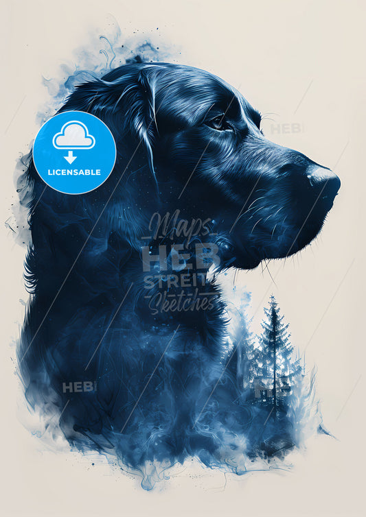 Minimalistic modern art poster for dog lovers - heavenly blue and white - a dog with smoke and trees, vibrant painting, focus on art
