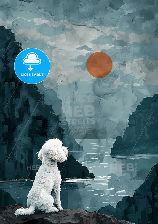 Modern Minimalist Dog Poster: Vibrant Blue and White Art, Focus on Rocky Landscape, Abstract Painting