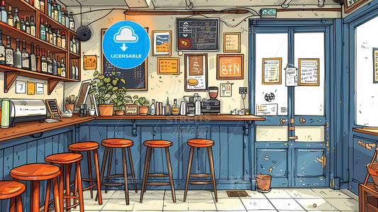 Vibrant Minimalistic Outline Sketch of Dive Bar Interior with Stools, Pastel Colors and Coffee Shop Atmosphere