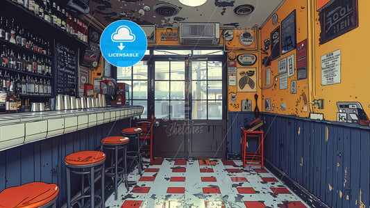 Minimalistic outline sketch of an animated dive bar in cream, orange, and blue pastels - a vibrant painting focused on the art