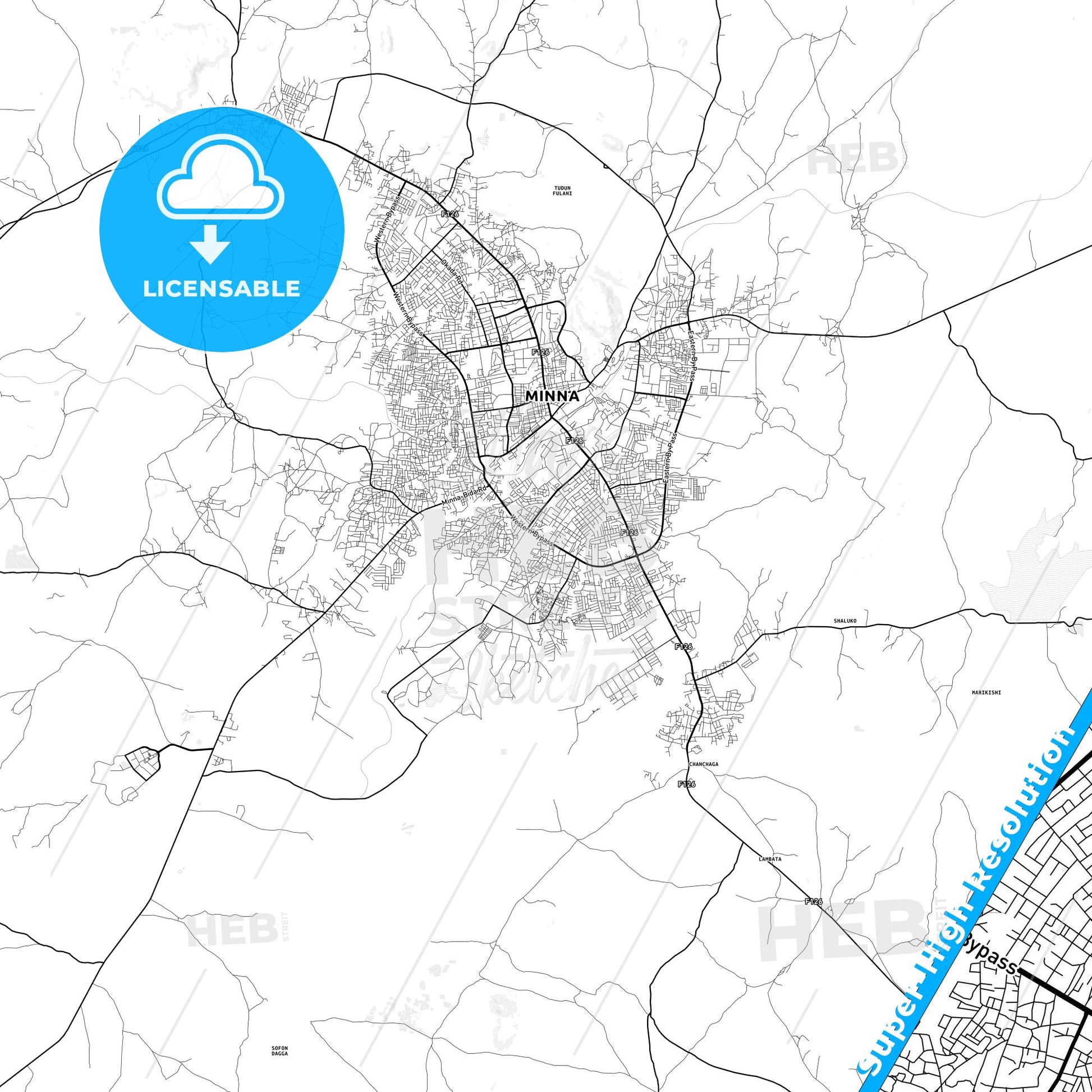 Minna, Nigeria light map with streetnames, citynames and districts