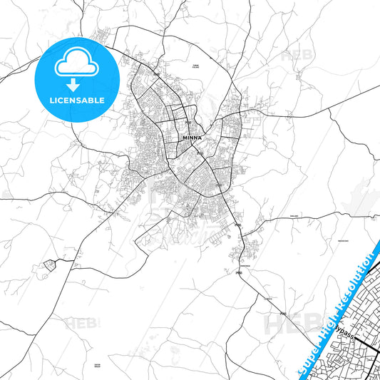 Minna, Nigeria light map with streetnames, citynames and districts