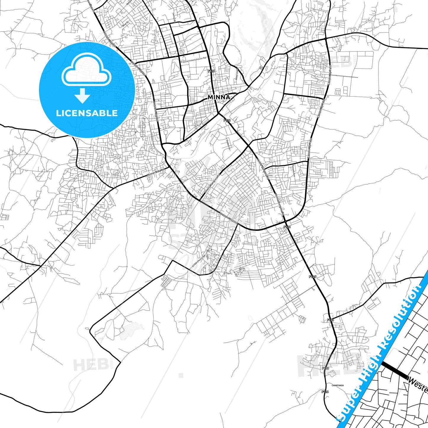 Minna, Nigeria Light Map with Street Names, City Names, and Districts