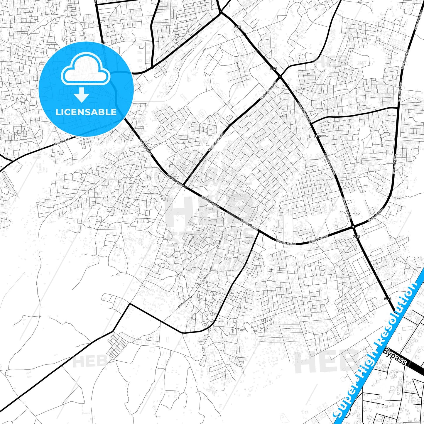 Minna, Nigeria Light Map with Street Names, City Names, and Districts