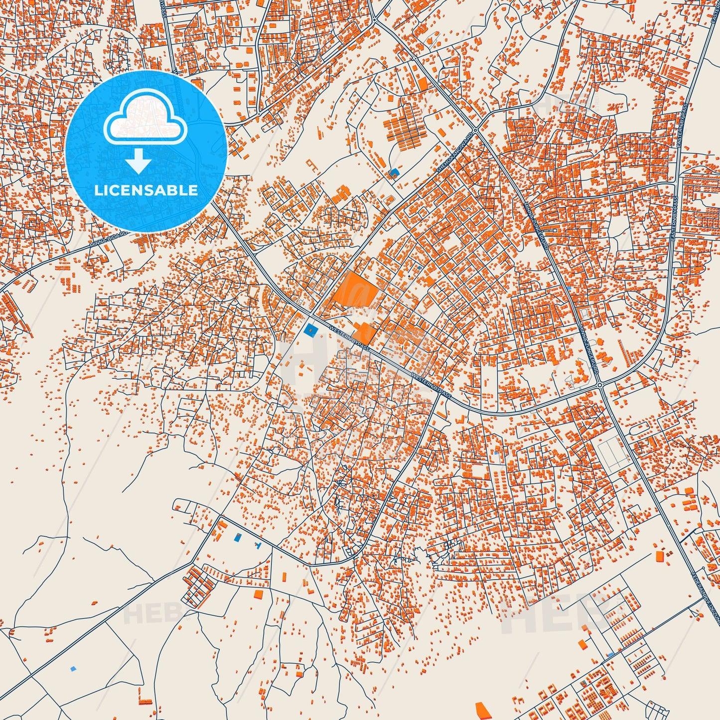 Colorful Minna Street Map with Labels and Buildings