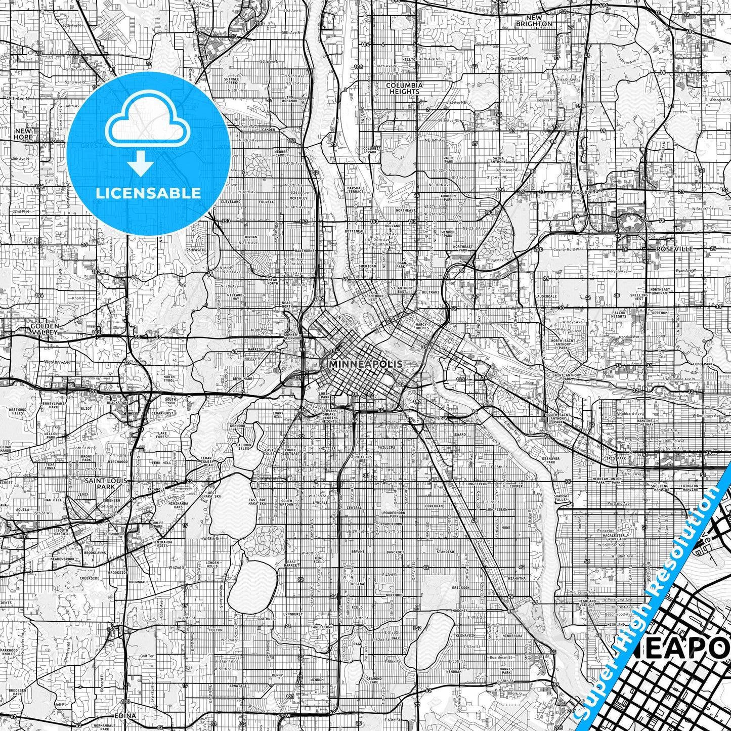 Minneapolis, Minnesota light map with streetnames, citynames and districts