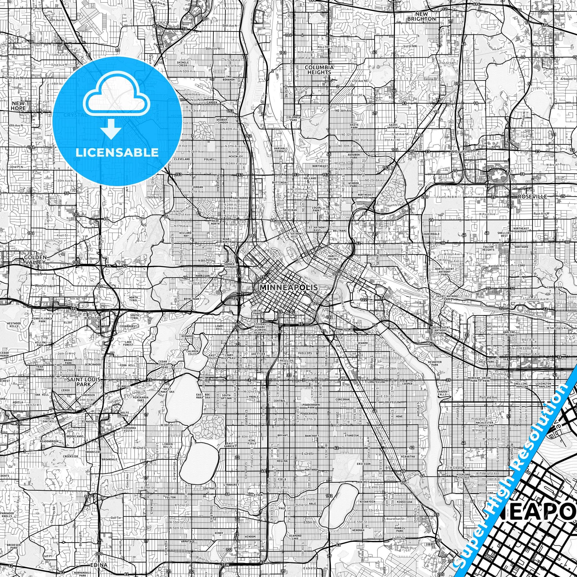 Minneapolis, Minnesota light map with streetnames, citynames and districts