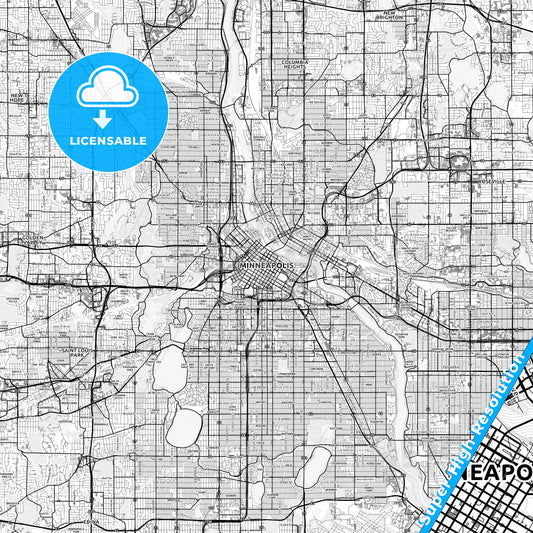 Minneapolis, Minnesota light map with streetnames, citynames and districts