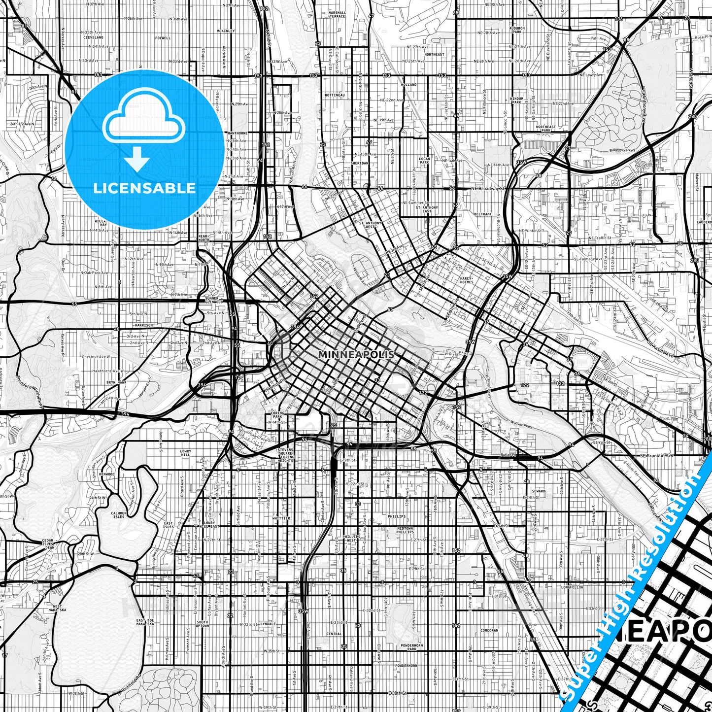 Minneapolis, Minnesota Light Map with Street Names, City Names, and Districts