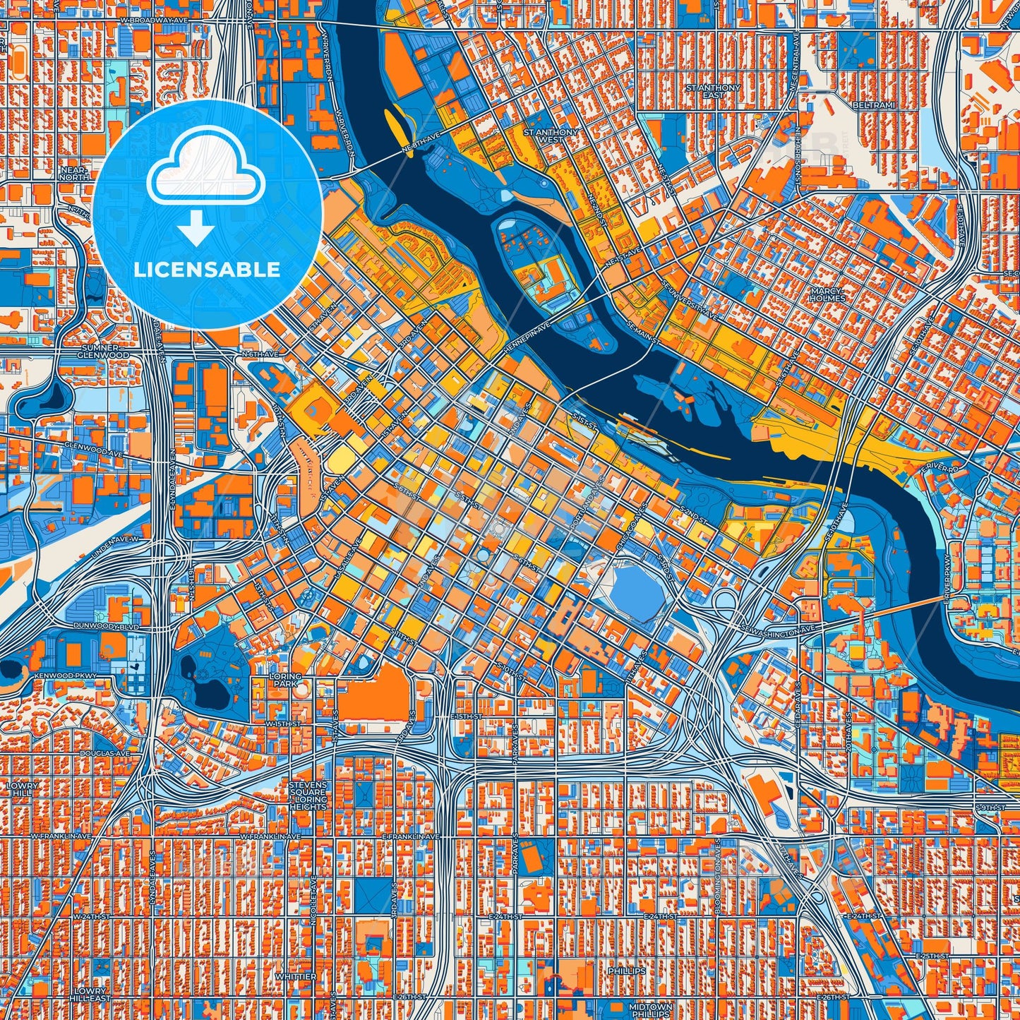 Colorful Minneapolis Street Map with Labels and Buildings