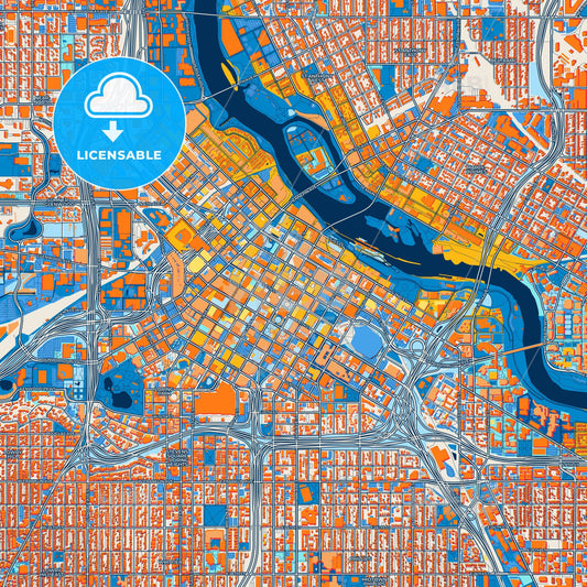 Colorful Minneapolis Street Map with Labels and Buildings