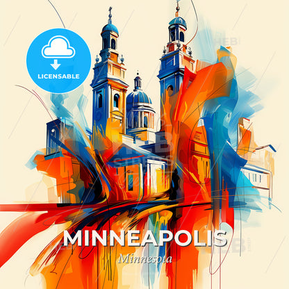 Vibrant Minneapolis, Minnesota - A Painting Of A Building With Towers And A Street - Square format print template