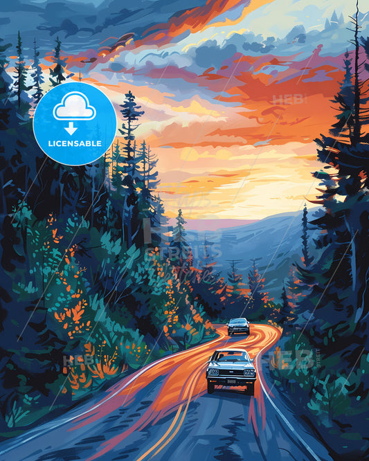 Vibrant Painting of Cars on Road in Minnesota, USA with Trees and Mountains Landscape