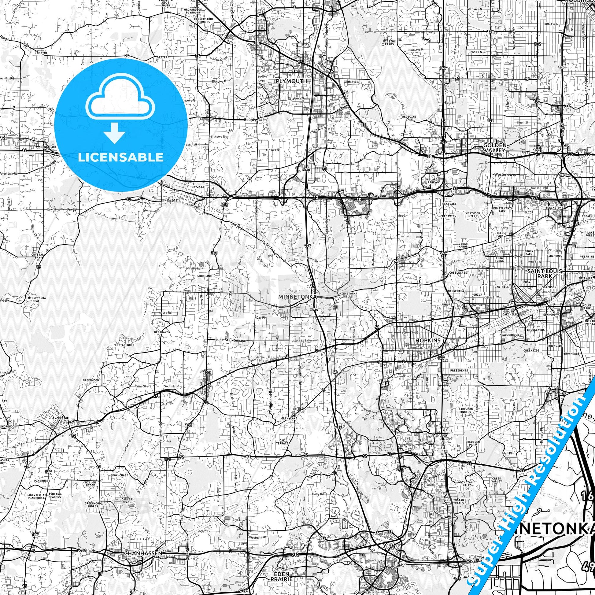Minnetonka, Minnesota light map with streetnames, citynames and districts