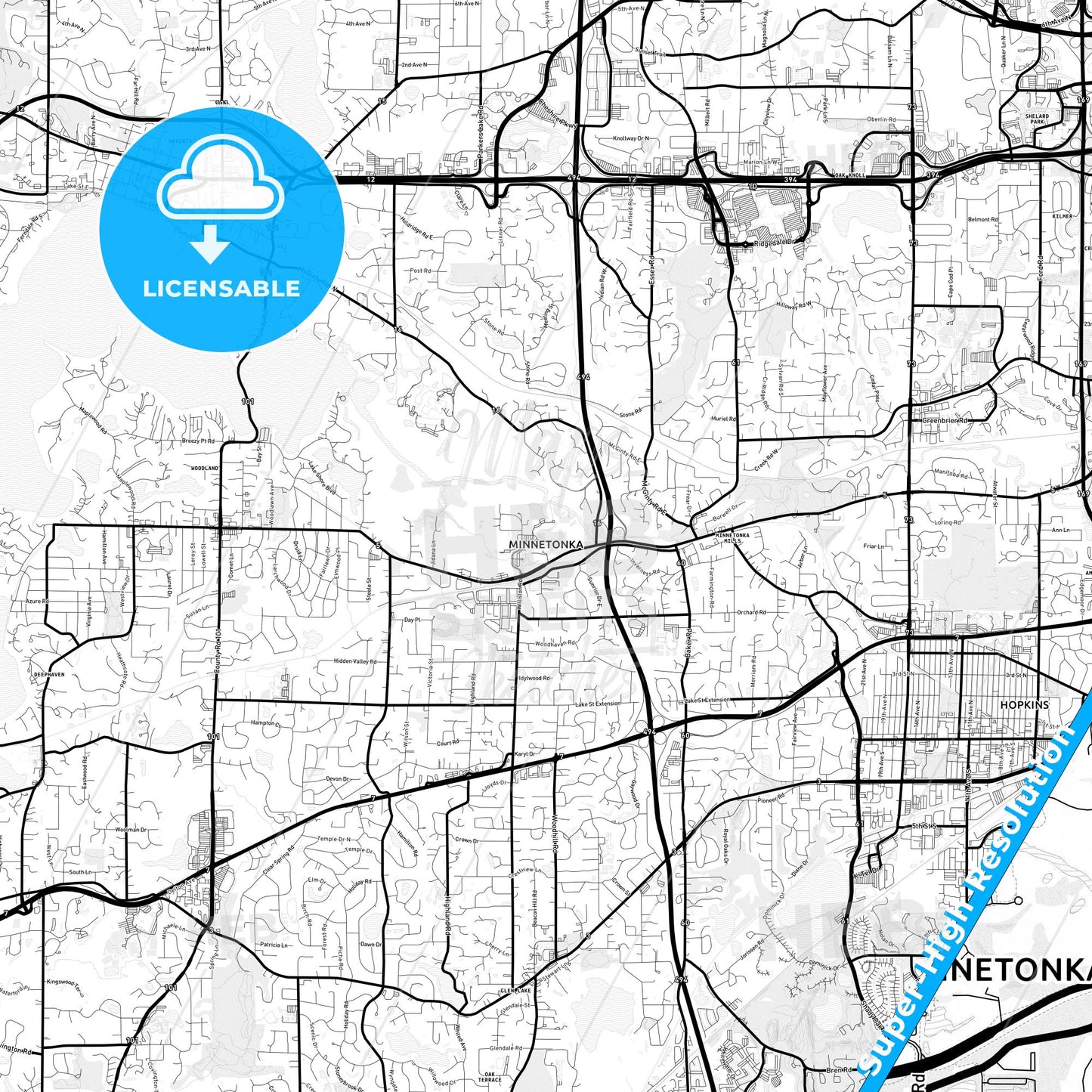 Minnetonka, Minnesota Light Map with Street Names, City Names, and Districts