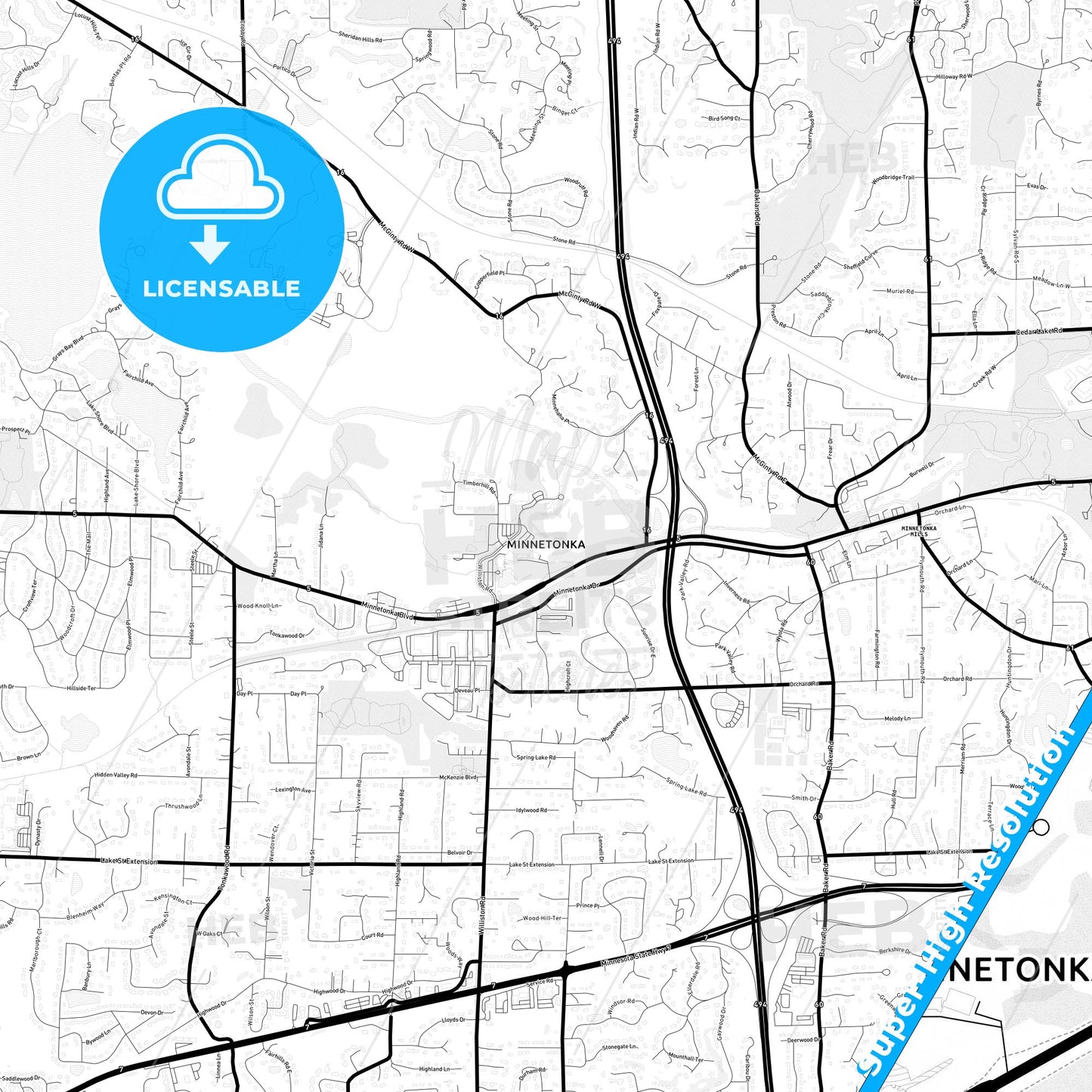 Minnetonka, Minnesota Light Map with Street Names, City Names, and Districts