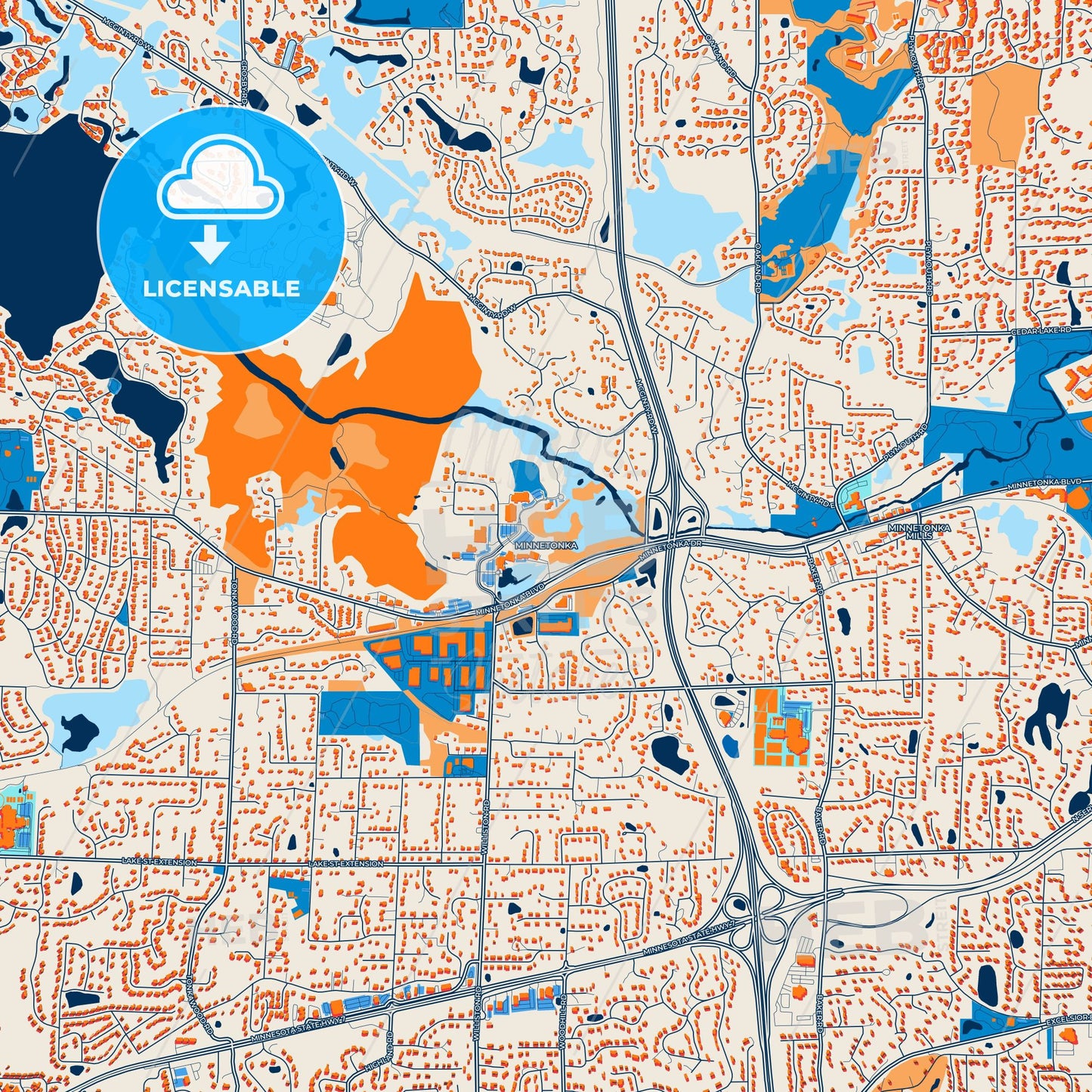 Colorful Minnetonka Street Map with Labels and Buildings