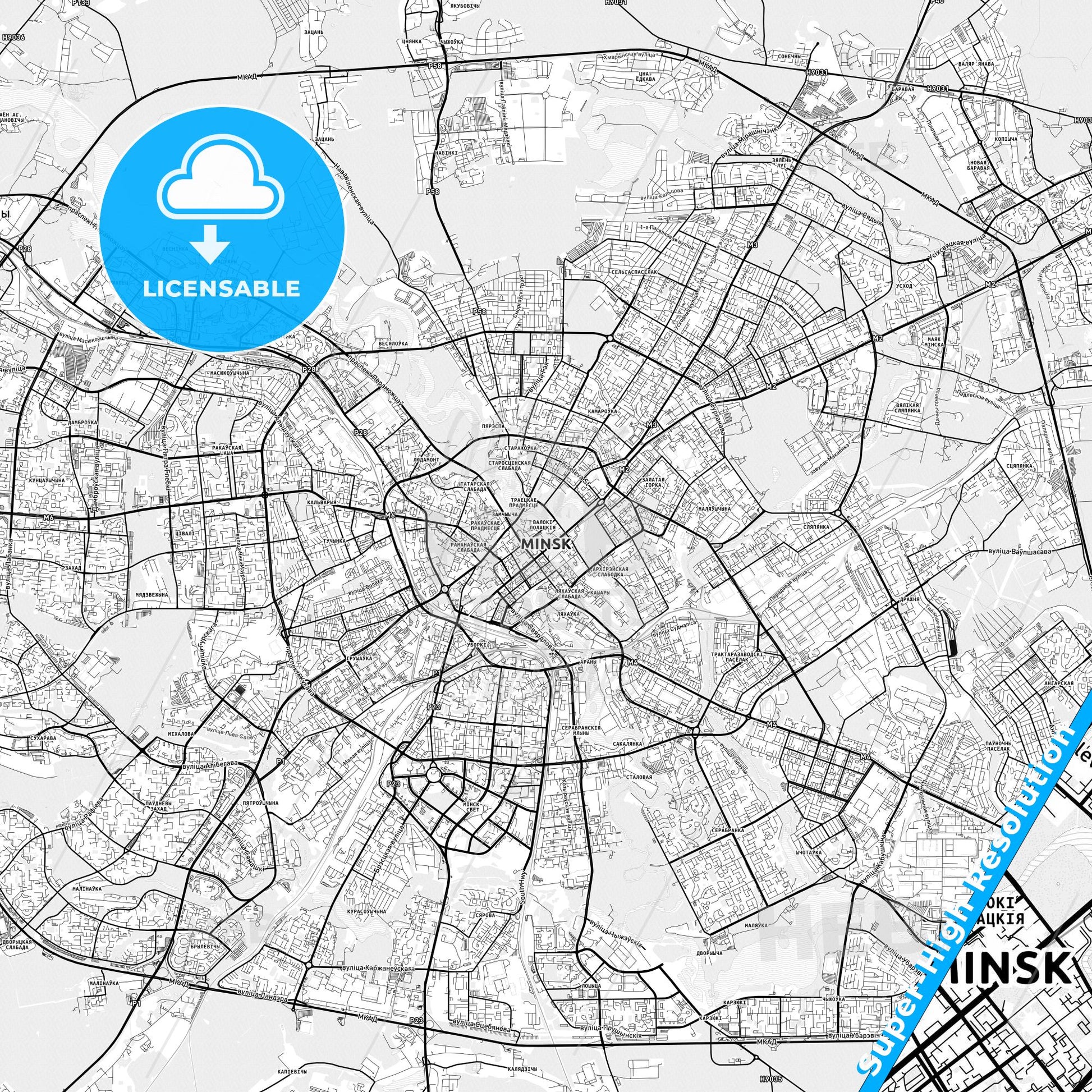 Minsk, Belarus light map with streetnames, citynames and districts