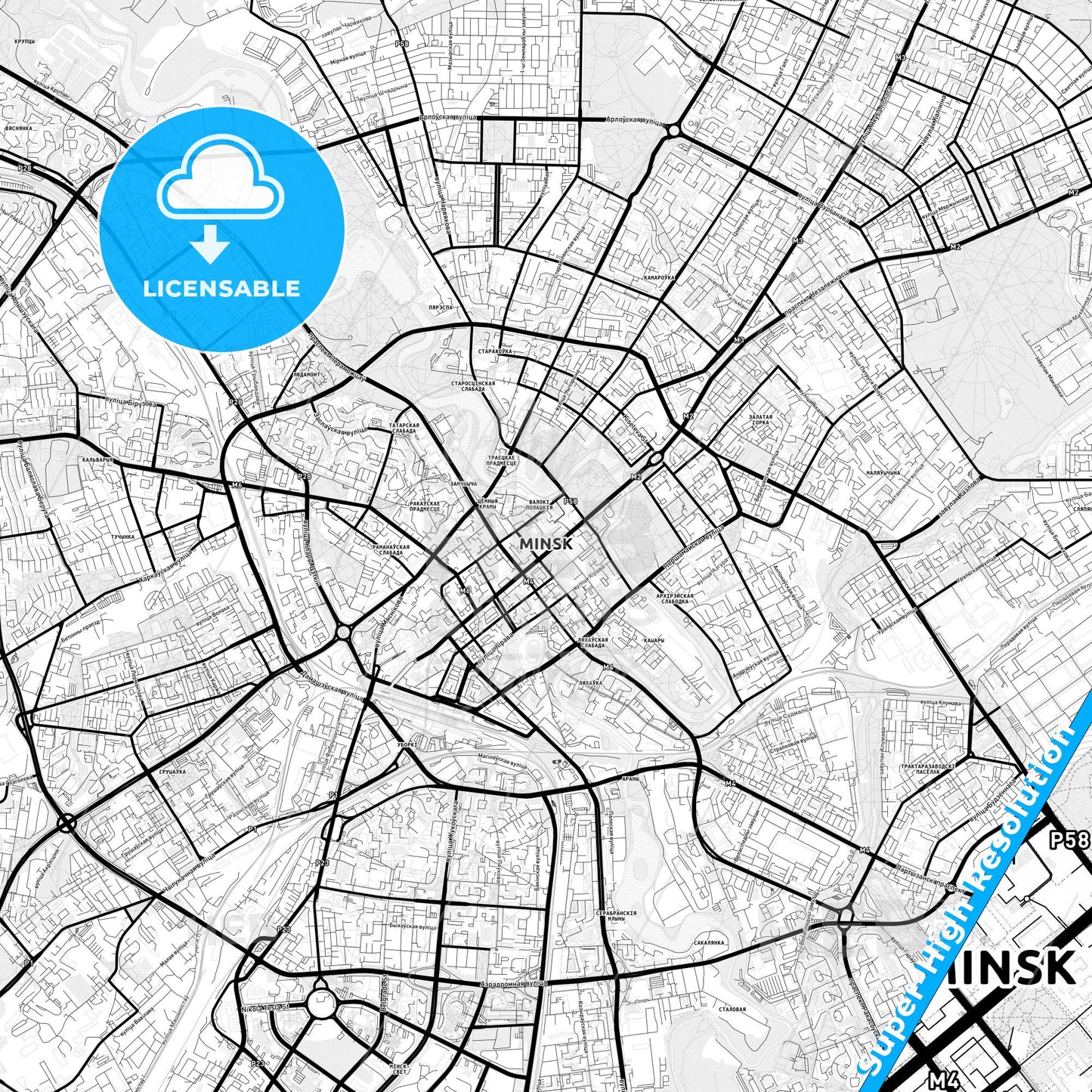 Minsk, Belarus Light Map with Street Names, City Names, and Districts