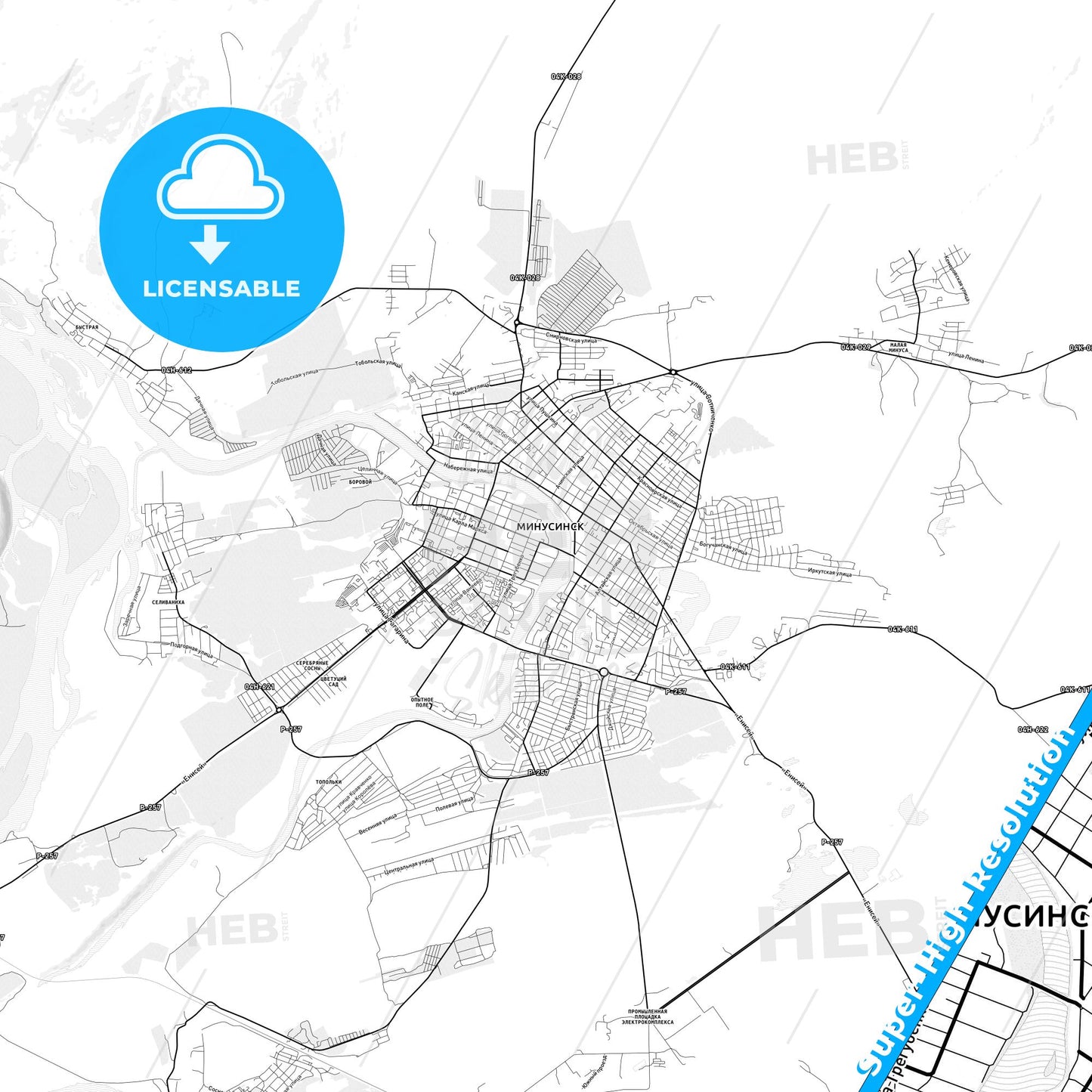 Minusinsk, Russia light map with streetnames, citynames and districts