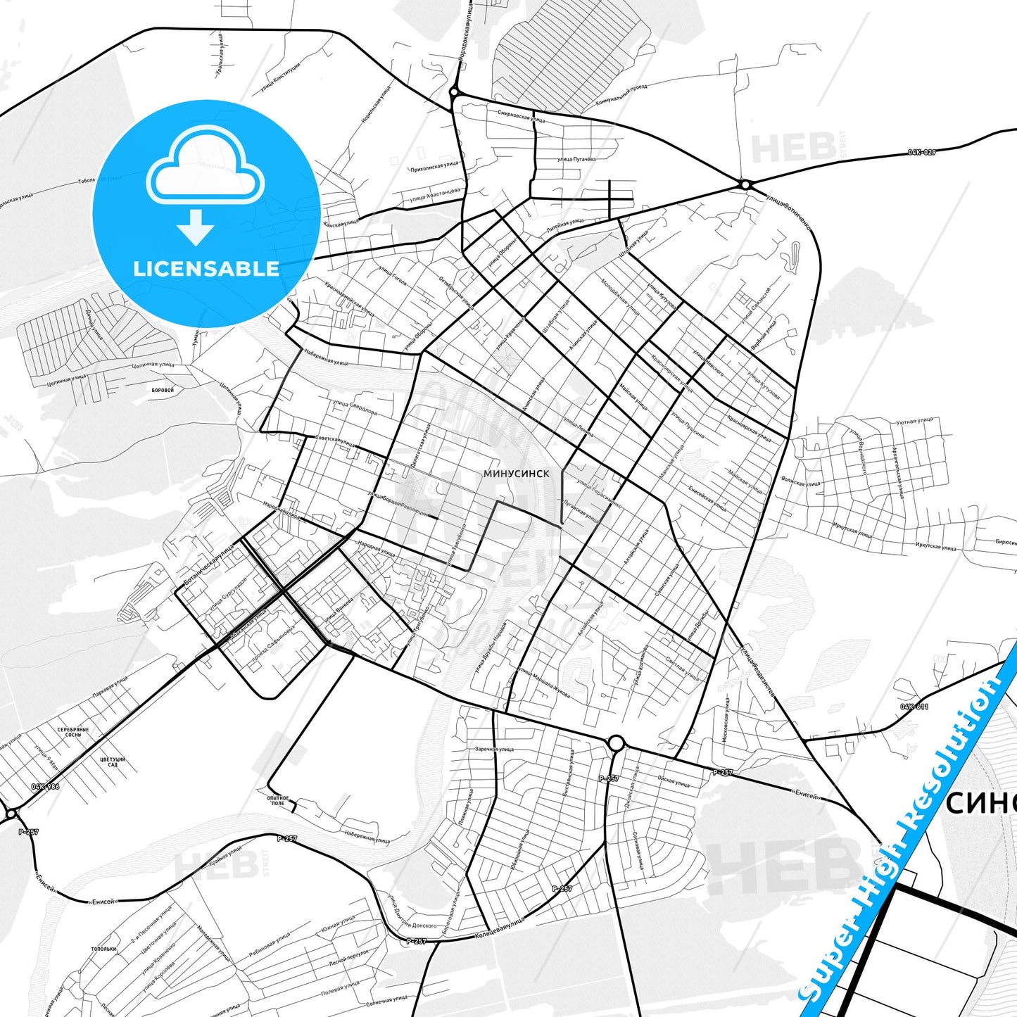 Minusinsk, Russia Light Map with Street Names, City Names, and Districts