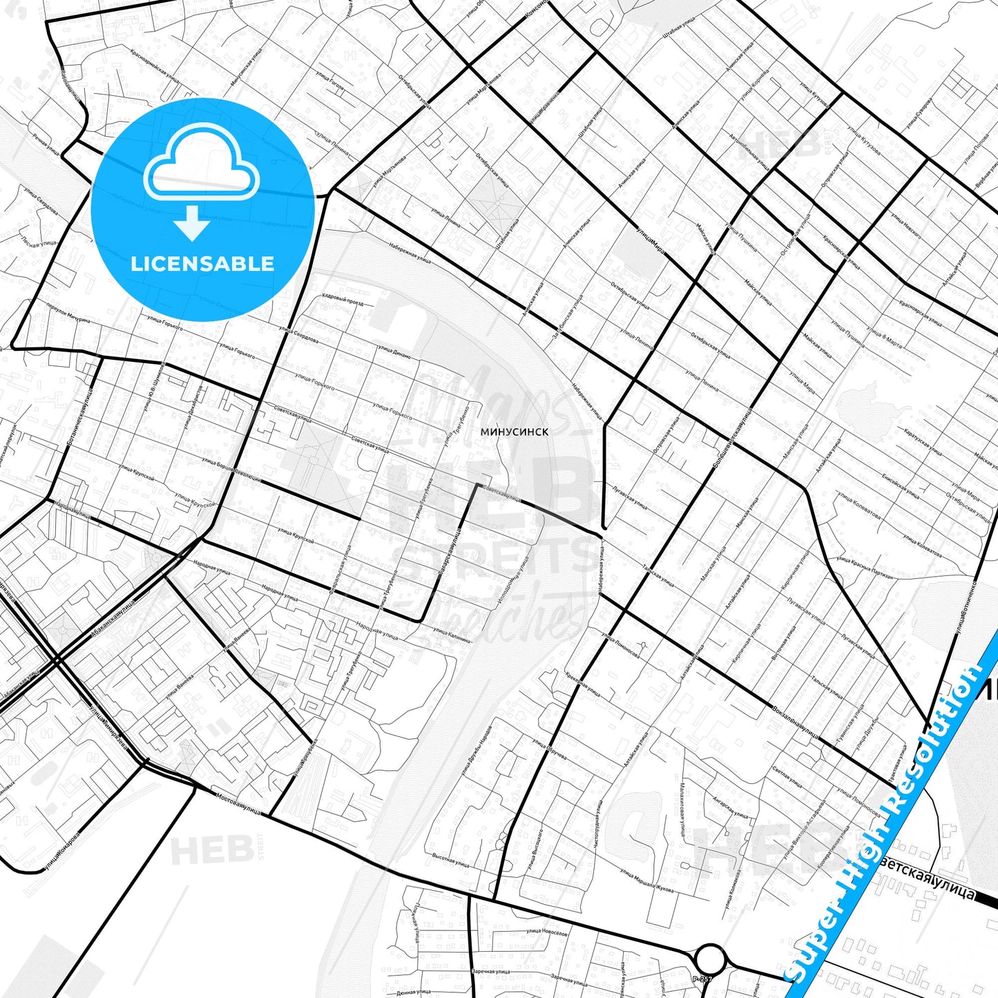 Minusinsk, Russia Light Map with Street Names, City Names, and Districts