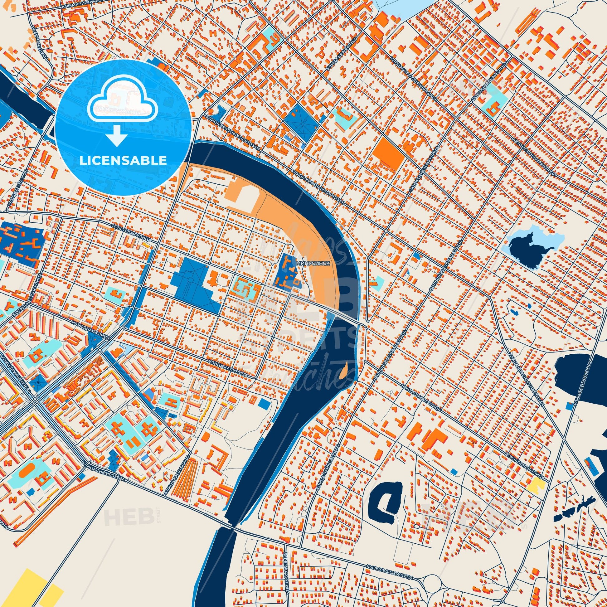 Colorful Minusinsk Street Map with Labels and Buildings