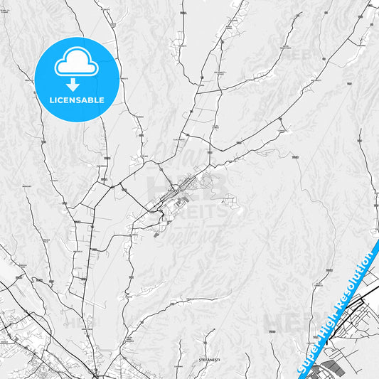 Mioveni, Romania light map with streetnames, citynames and districts