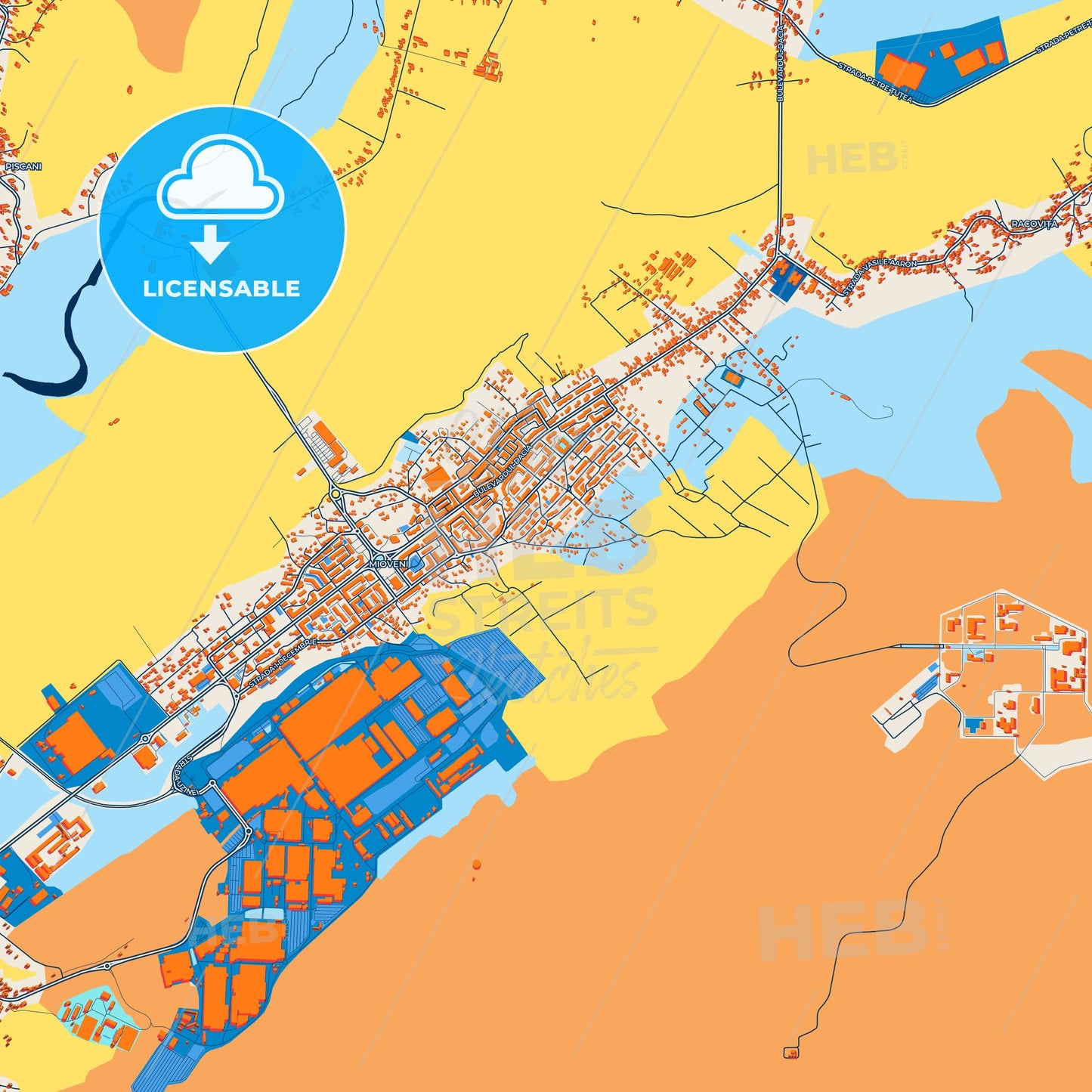 Colorful Mioveni Street Map with Labels and Buildings