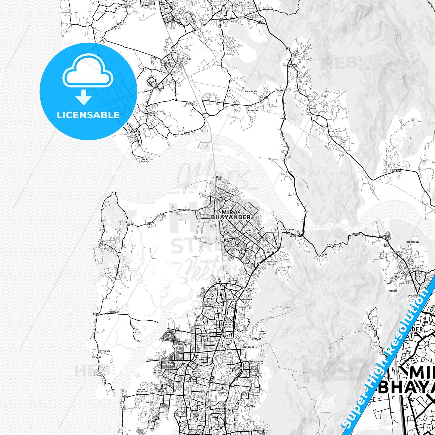 Mira-Bhayandar, India light map with streetnames, citynames and districts