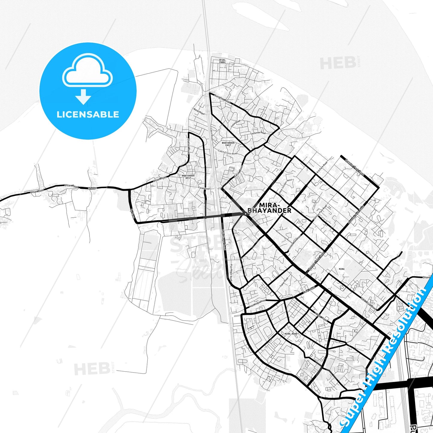 Mira-Bhayandar, India Light Map with Street Names, City Names, and Districts