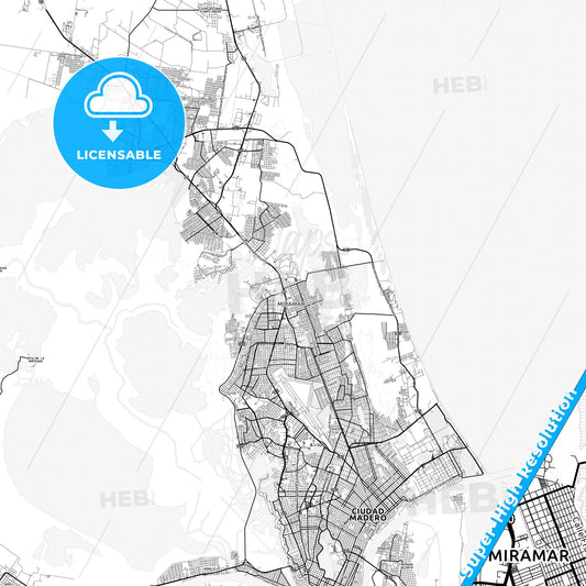 Miramar, Mexico light map with streetnames, citynames and districts