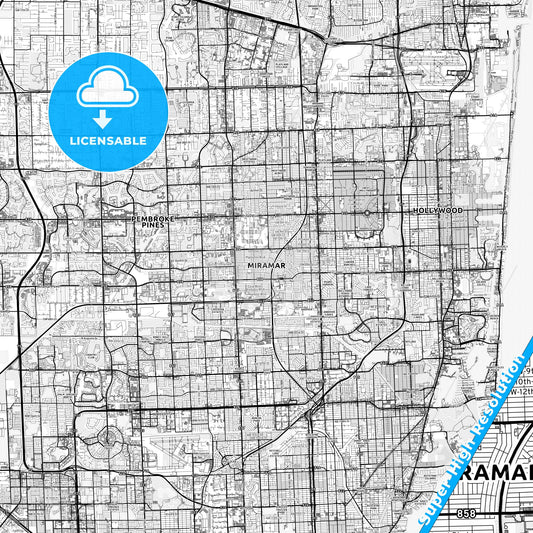 Miramar, Florida light map with streetnames, citynames and districts