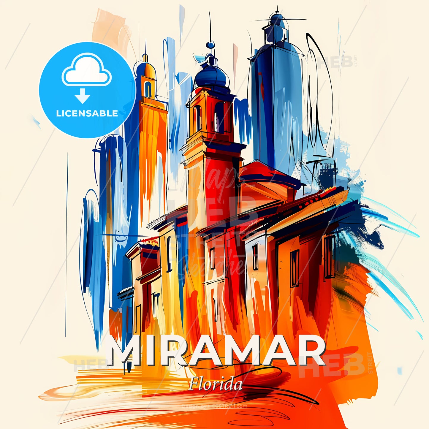 Vibrant Miramar, Florida - A Colorful Painting Of Buildings - Square format print template