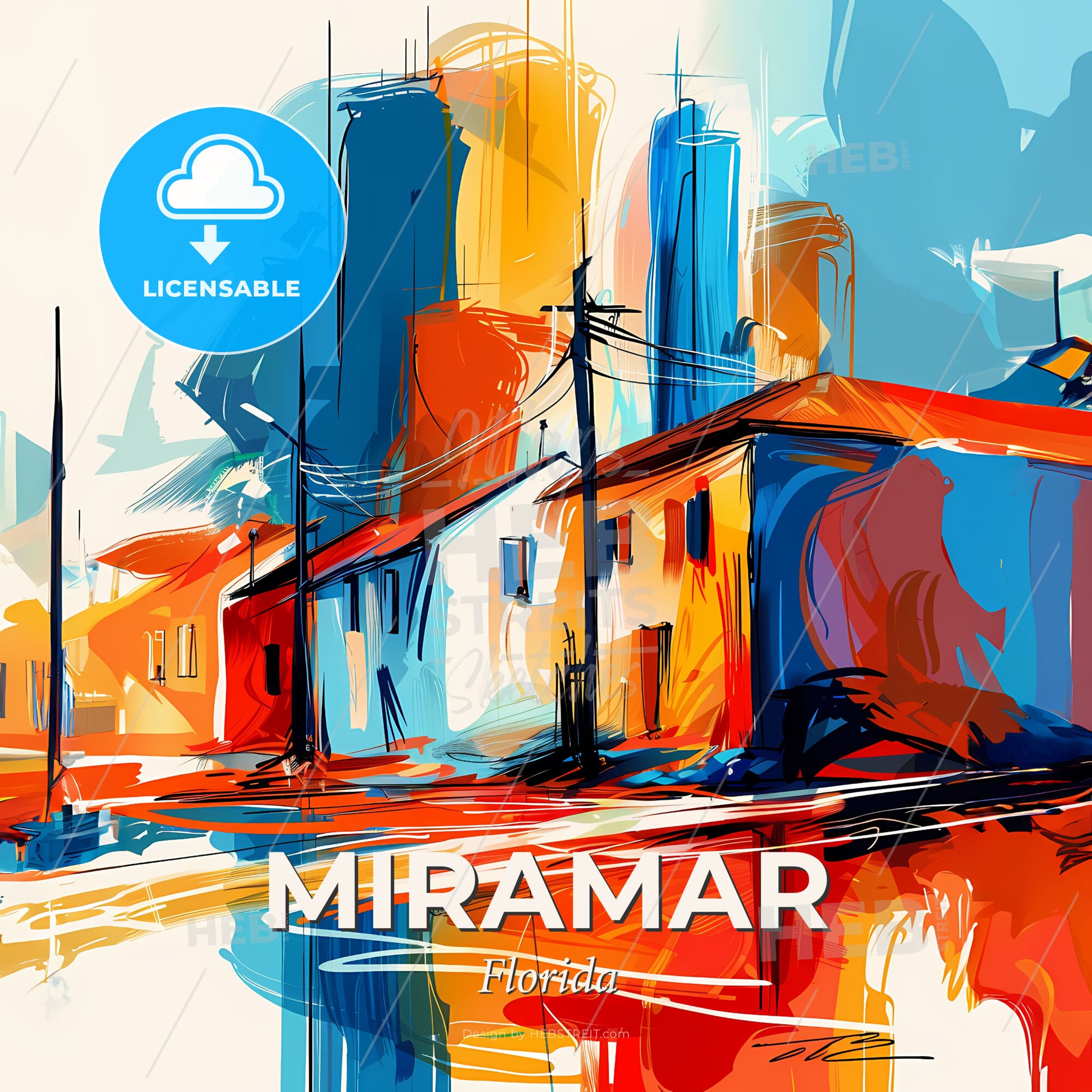 Vibrant Miramar, Florida - A Painting Of Buildings And A Street - Square format print template