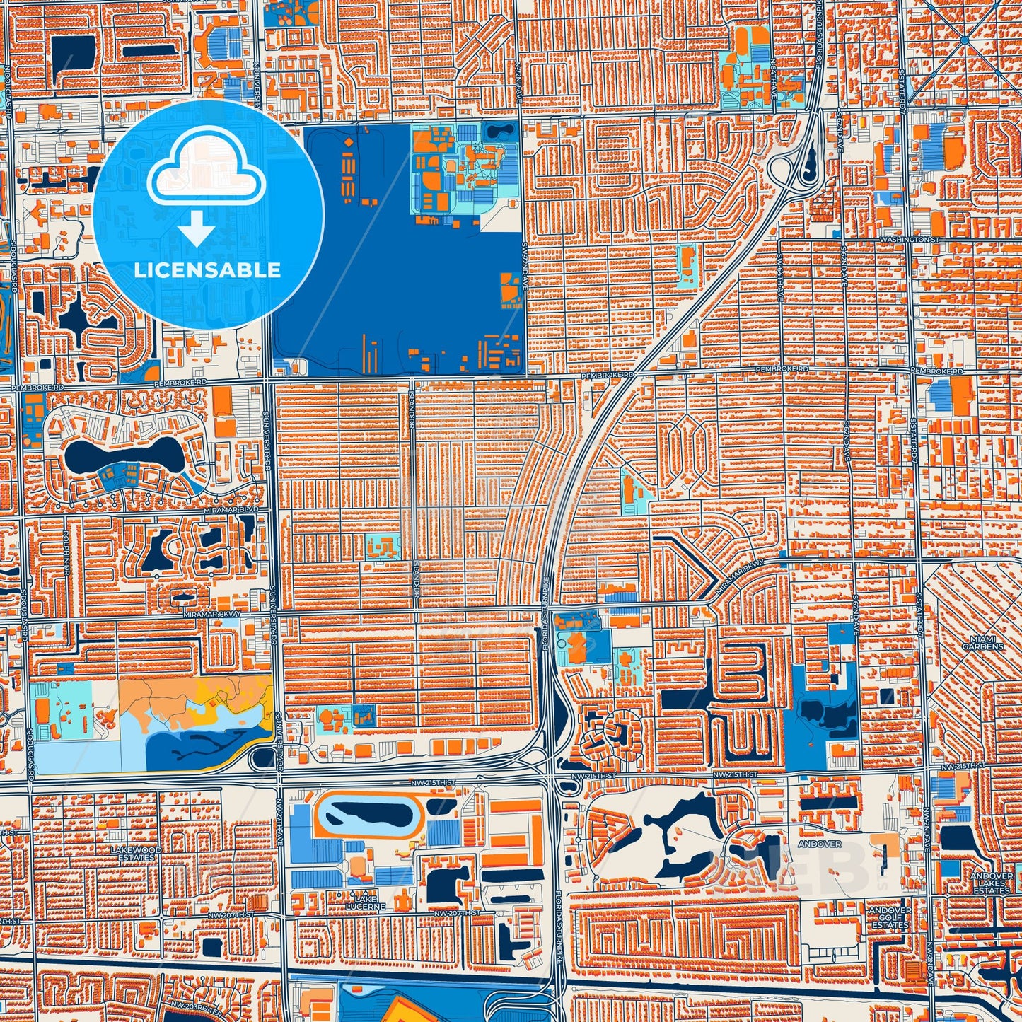 Colorful Miramar Street Map with Labels and Buildings