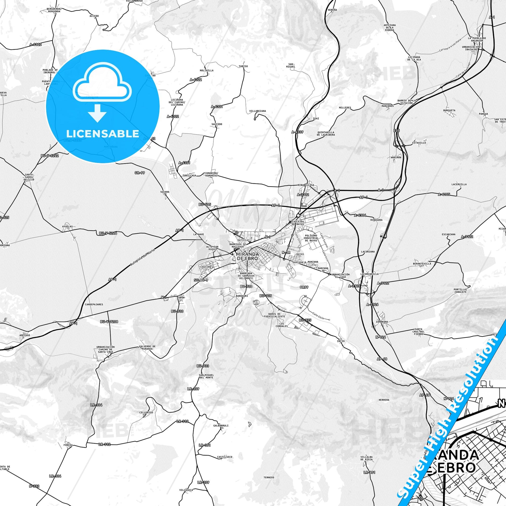 Miranda de Ebro, Spain light map with streetnames, citynames and districts