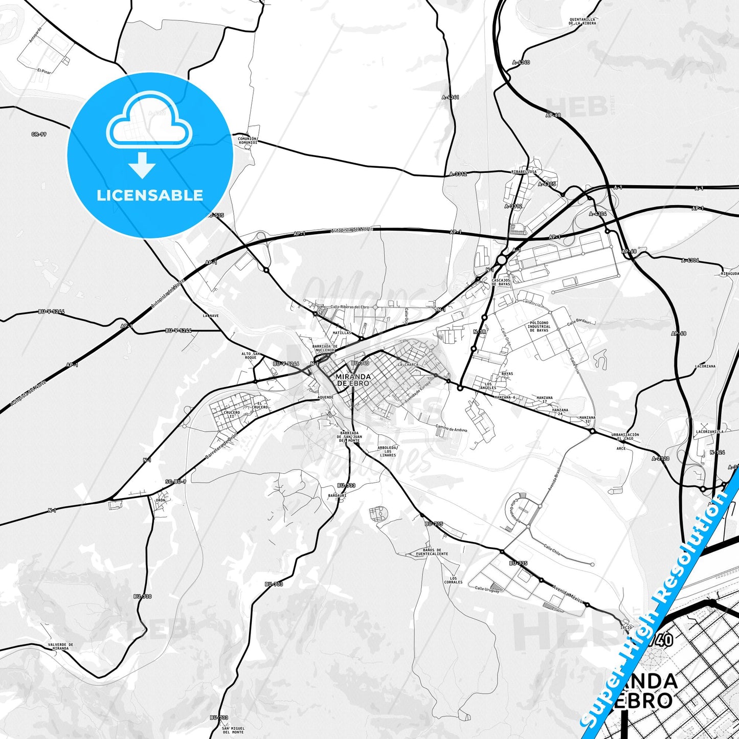 Miranda de Ebro, Spain Light Map with Street Names, City Names, and Districts