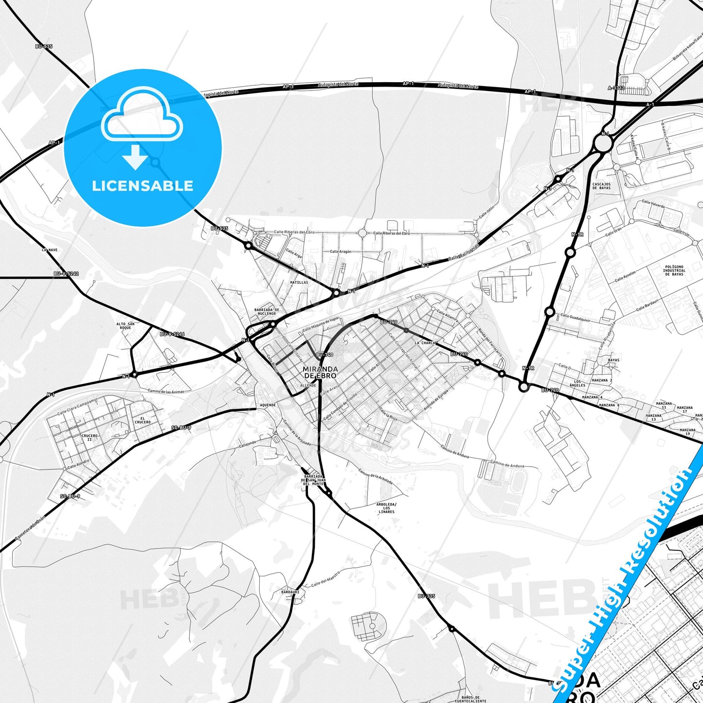 Miranda de Ebro, Spain Light Map with Street Names, City Names, and Districts