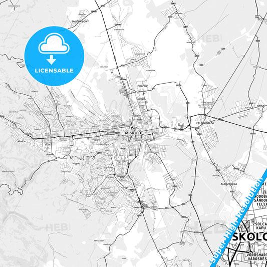 Miskolc, Hungary light map with streetnames, citynames and districts