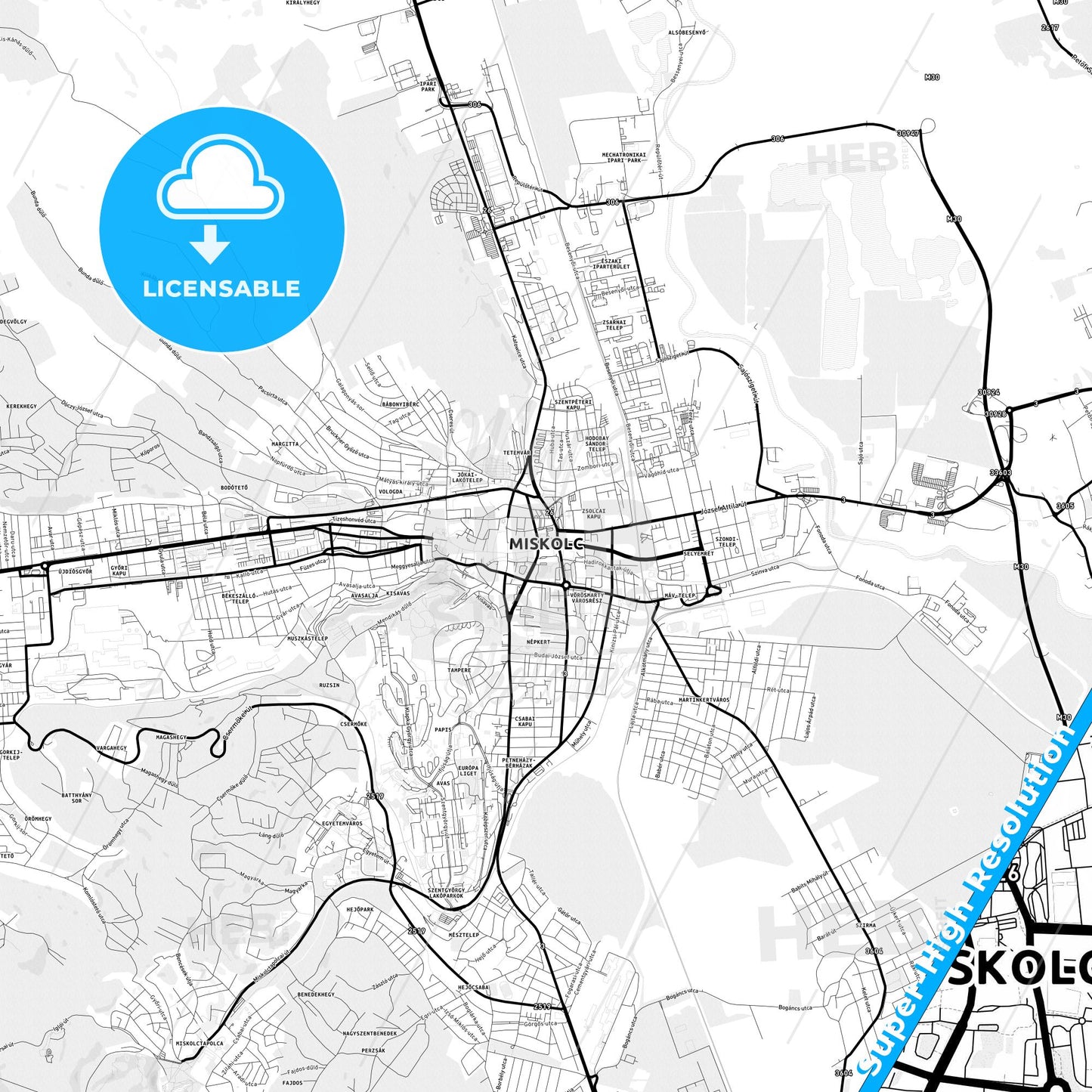 Miskolc, Hungary Light Map with Street Names, City Names, and Districts