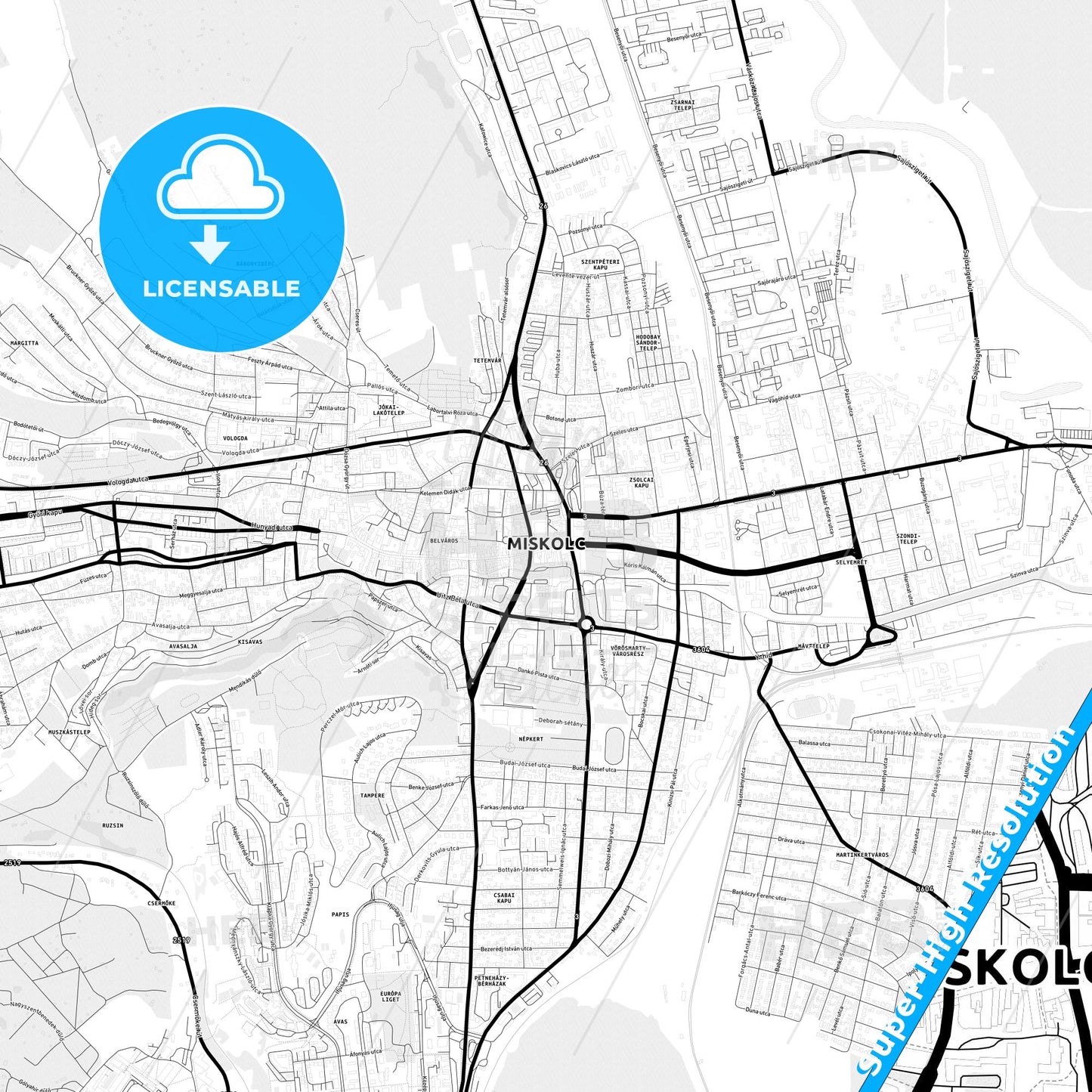 Miskolc, Hungary Light Map with Street Names, City Names, and Districts