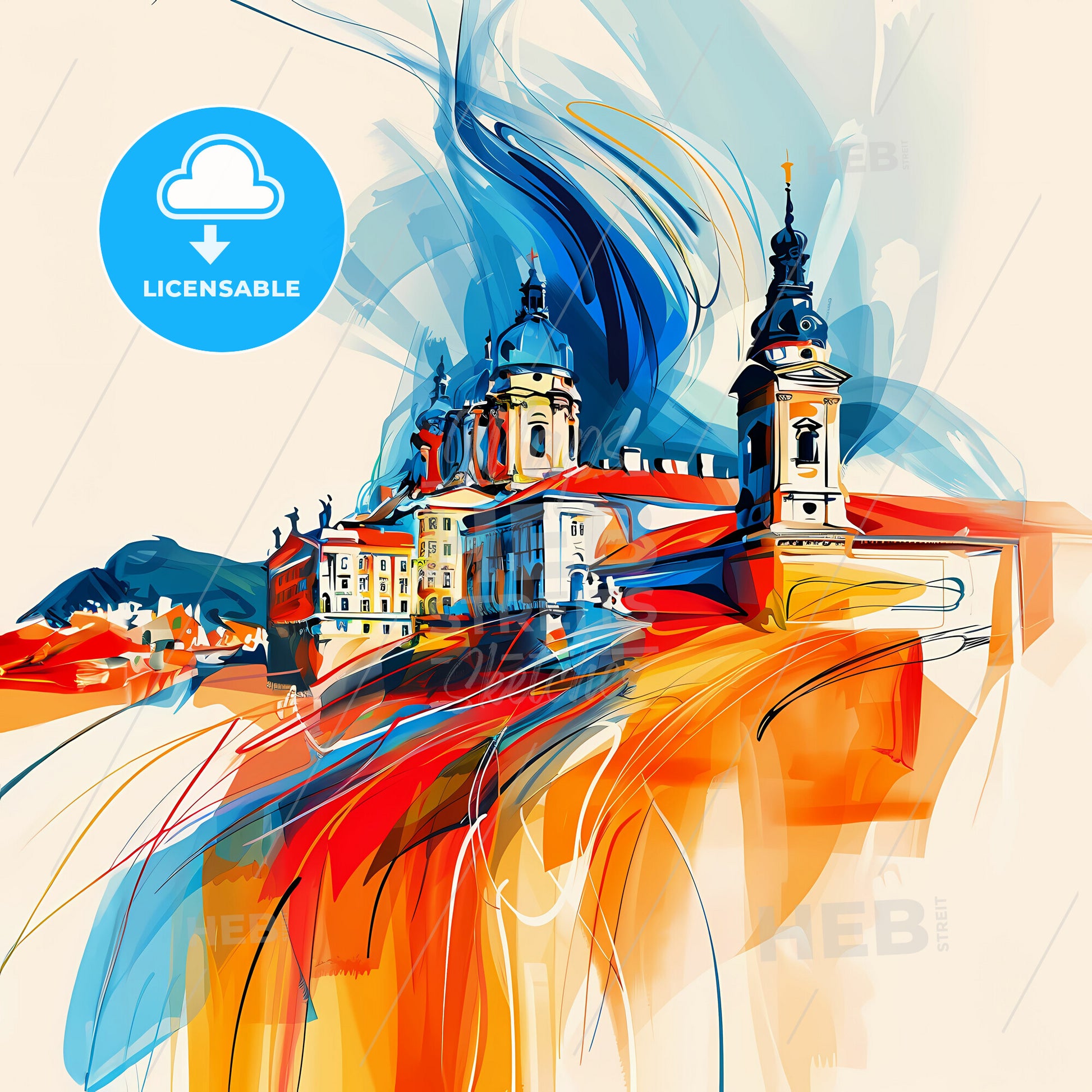 Vibrant Miskolc, Hungary - A Painting Of A Building With Towers And Steeples