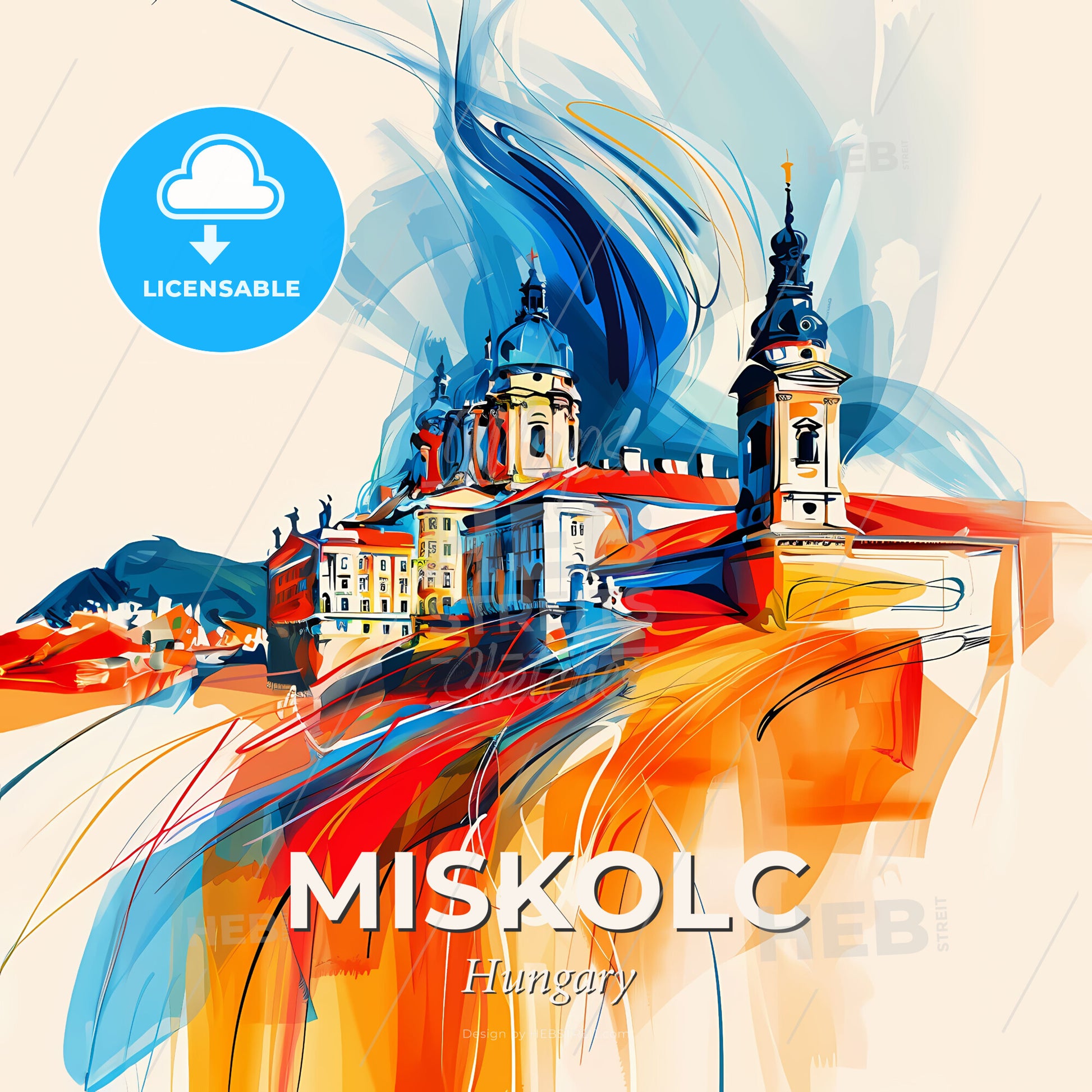 Vibrant Miskolc, Hungary - A Painting Of A Building With Towers And Steeples - Square format print template