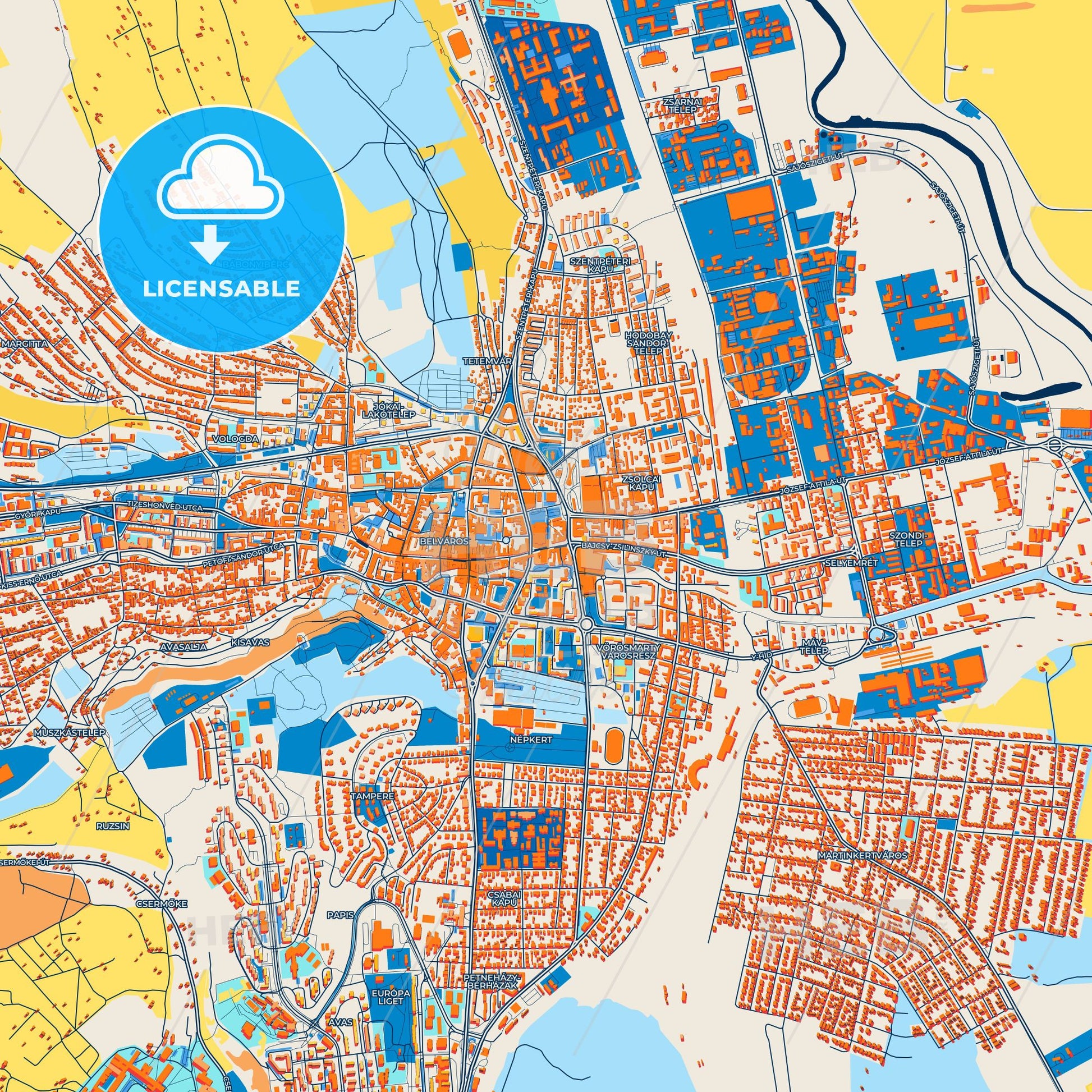 Colorful Miskolc Street Map with Labels and Buildings