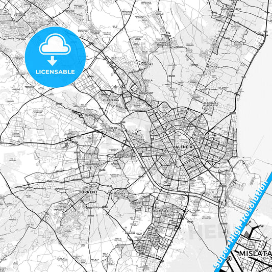 Mislata, Spain light map with streetnames, citynames and districts