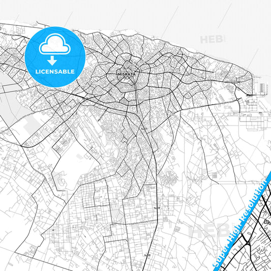 Misratah, Libya light map with streetnames, citynames and districts