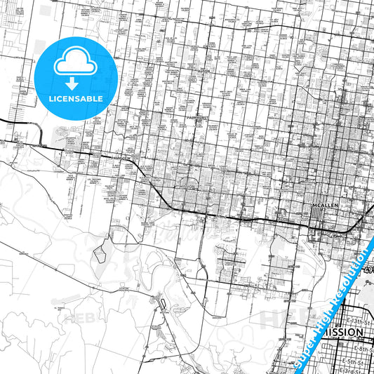Mission, Texas light map with streetnames, citynames and districts